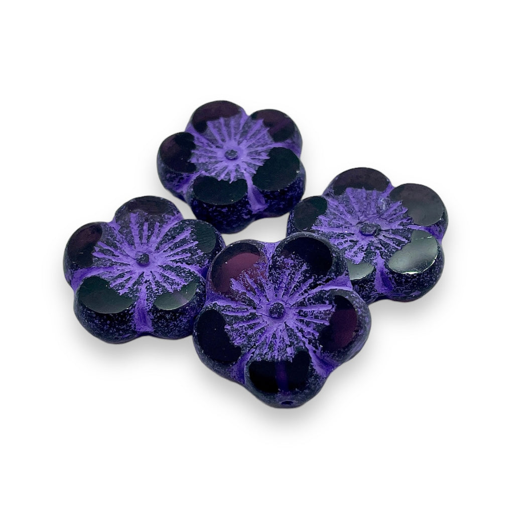 Czech glass XL table cut hibiscus flower beads 4pc acid etched purple 21mm