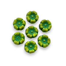 Load image into Gallery viewer, Czech glass tiny hibiscus flower beads 16pc lime green turquoise 8mm
