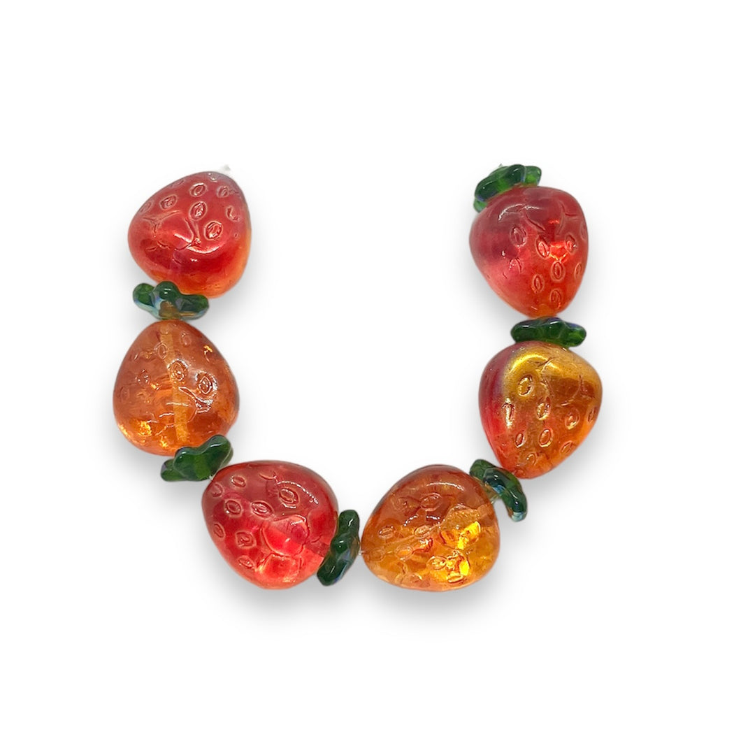 Czech glass strawberry fruit shaped beads charms & caps 6 sets red orange gold 15x13mm