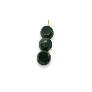 Czech glass table cut round coin beads 14pc jet black travertine 13x9mm