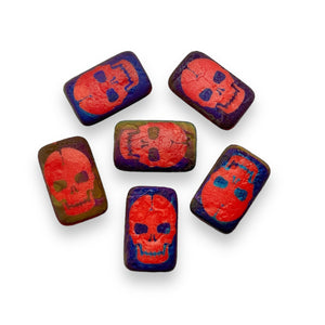 Czech glass laser tattoo skull rectangle beads 6pc etched red 18x12mm