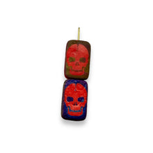Load image into Gallery viewer, Czech glass laser tattoo skull rectangle beads 6pc etched red 18x12mm
