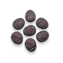 Load image into Gallery viewer, Czech glass voodoo zombie skull beads 8pc purple pink decor 16x13mm
