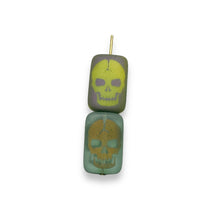 Load image into Gallery viewer, Czech glass laser tattoo skull rectangle beads 12pc blue green mix 18x12mm
