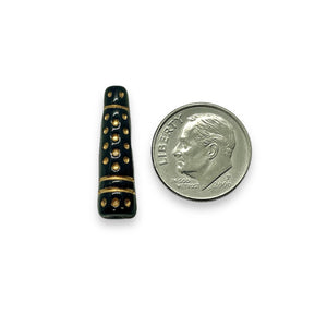 Czech glass tall ornamental cone beads 12pc jet black gold 23x7mm