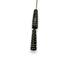 Load image into Gallery viewer, Czech glass tall ornamental cone beads 12pc jet black gold 23x7mm
