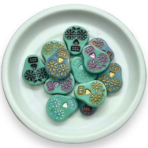 Czech glass floral sugar skull beads 12pc turquoise blue mix