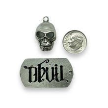 Load image into Gallery viewer, Devil dog tag and skull pewter silver pendants USA made
