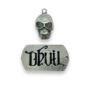 Devil dog tag and skull pewter silver pendants USA made