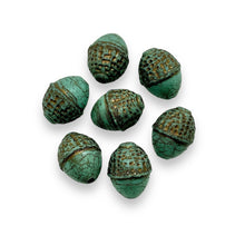 Load image into Gallery viewer, Czech glass Fall acorn beads 8pc turquoise brown 12x10mm

