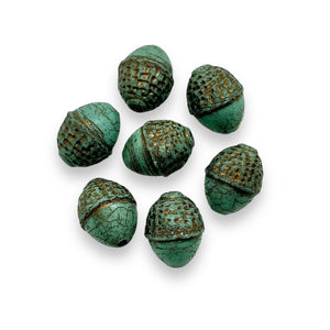 Czech glass Fall acorn beads 8pc turquoise brown 12x10mm