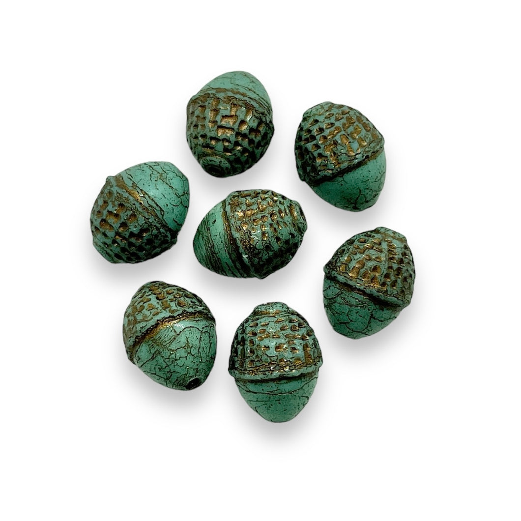 Czech glass Fall acorn beads 8pc turquoise brown 12x10mm