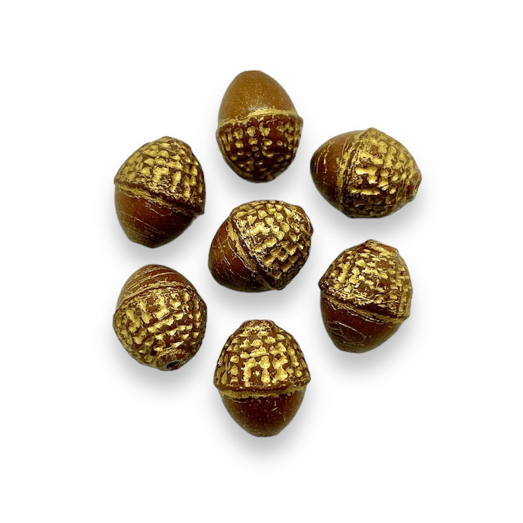 Czech glass Fall acorn beads 8pc brown gold 12x10mm
