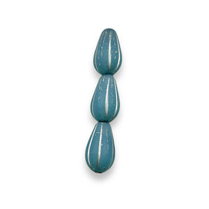 Czech glass large melon drop beads 10pc opaline blue silver 15x8mm