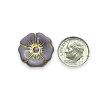 Load image into Gallery viewer, Czech glass XL hibiscus flower focal beads 4pc opaque purple gold 20mm
