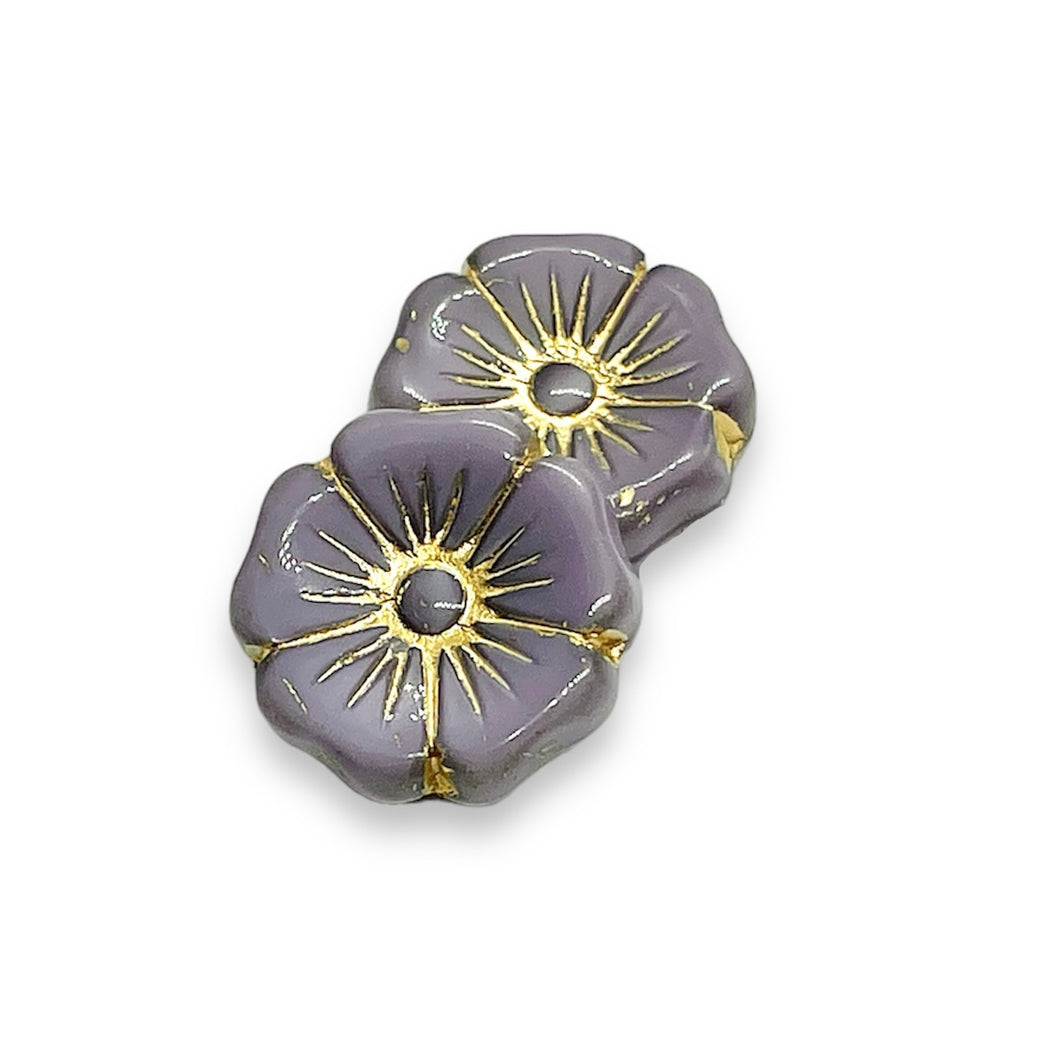 Czech glass XL hibiscus flower focal beads 4pc opaque purple gold 20mm