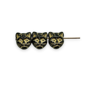 Czech glass Halloween black cat face beads 10pc black gold 13x11mm HORIZONTAL