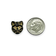 Load image into Gallery viewer, Czech glass Halloween black cat face beads 10pc black gold 13x11mm HORIZONTAL
