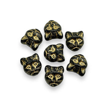 Load image into Gallery viewer, Czech glass Halloween black cat face beads 10pc black gold 13x11mm HORIZONTAL
