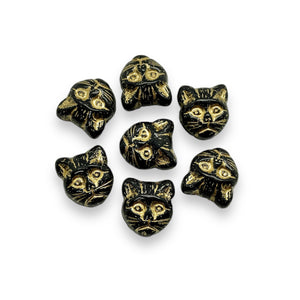 Czech glass Halloween black cat face beads 10pc black gold 13x11mm HORIZONTAL