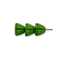 Load image into Gallery viewer, Czech glass corrugated bellflower cup cone beads 25pc opaque green 9x7mm
