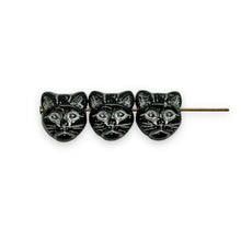 Load image into Gallery viewer, Czech glass Halloween black cat face beads 10pc black silver 13x11mm HORIZONTAL
