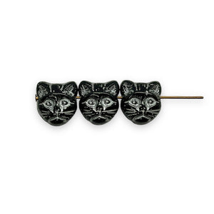 Czech glass Halloween black cat face beads 10pc black silver 13x11mm HORIZONTAL