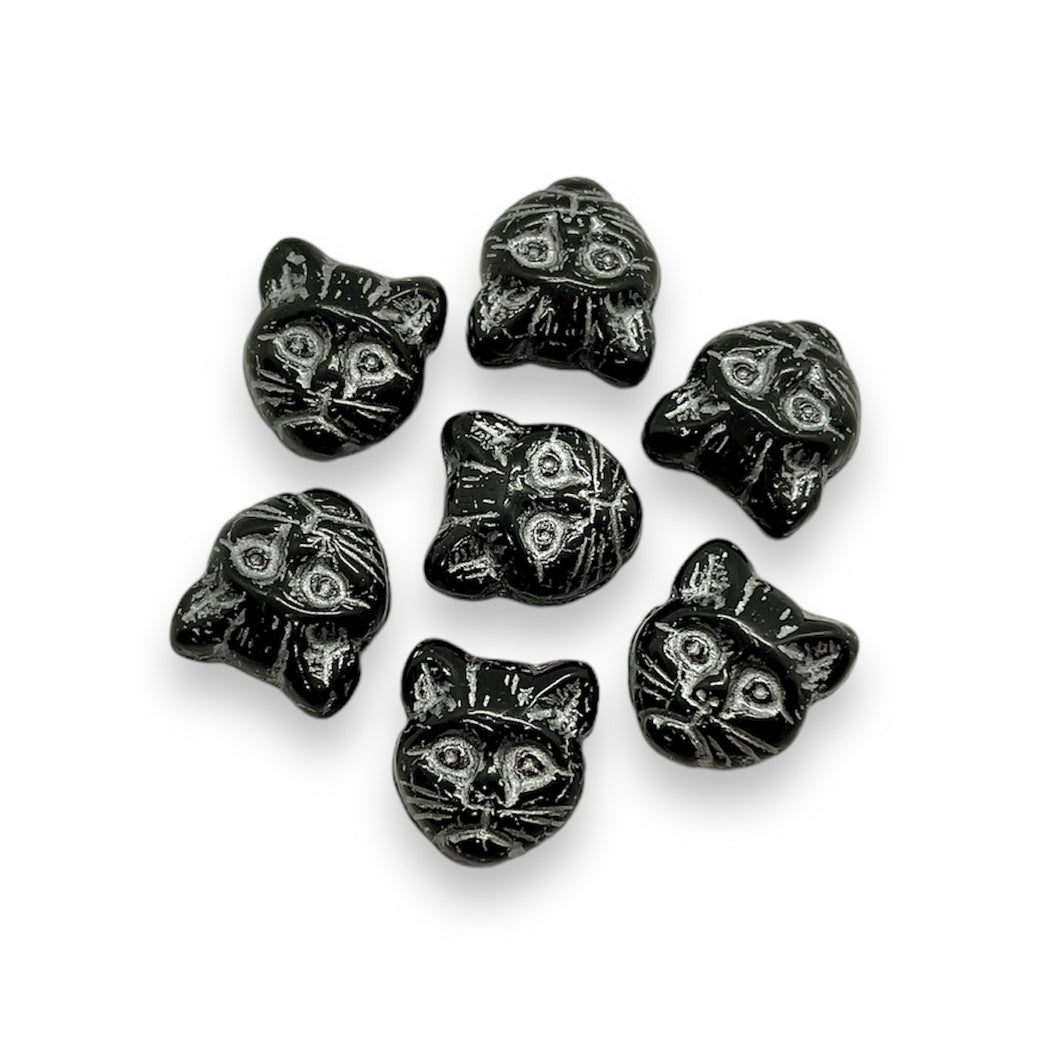 Czech glass Halloween black cat face beads 10pc black silver 13x11mm HORIZONTAL