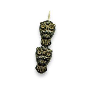 Czech glass Halloween owl beads 6pc black gold 18x11mm