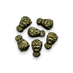 Czech glass Halloween owl beads 6pc black gold 18x11mm