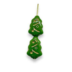 Czech glass Christmas tree beads 10pc opaque green gold  #2