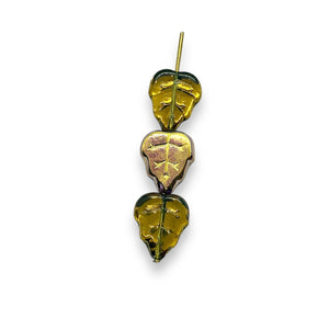Czech glass birch leaf beads 20pc olivine green gold 12x10mm