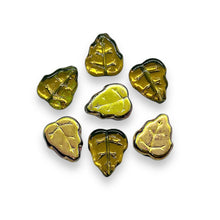 Load image into Gallery viewer, Czech glass birch leaf beads 20pc olivine green gold 12x10mm
