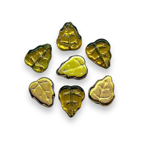 Czech glass birch leaf beads 20pc olivine green gold 12x10mm