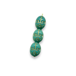 Czech glass large scarab beetle beads 10pc turquoise gold 14x10mm
