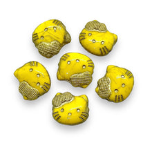 Load image into Gallery viewer, Czech glass 2-hole cartoon cat face beads 6pc yellow gold 18x17mm
