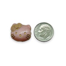 Load image into Gallery viewer, Czech glass 2-hole cartoon cat face beads 6pc pink gold 18x17mm
