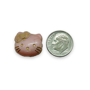 Czech glass 2-hole cartoon cat face beads 6pc pink gold 18x17mm