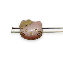 Load image into Gallery viewer, Czech glass 2-hole cartoon cat face beads 6pc pink gold 18x17mm
