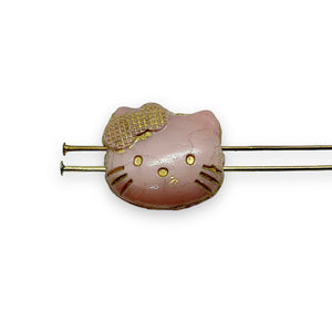 Czech glass 2-hole cartoon cat face beads 6pc pink gold 18x17mm