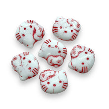 Load image into Gallery viewer, Czech glass 2-hole cartoon cat face beads 6pc white red 18x17mm
