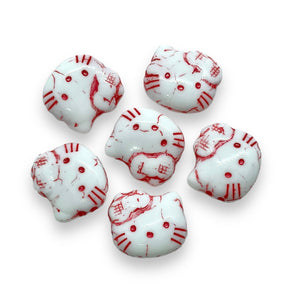 Czech glass 2-hole cartoon cat face beads 6pc white red 18x17mm