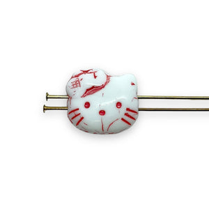 Czech glass 2-hole cartoon cat face beads 6pc white red 18x17mm