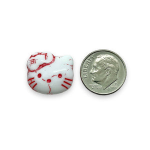Czech glass 2-hole cartoon cat face beads charms 6pc white red 18x17mm