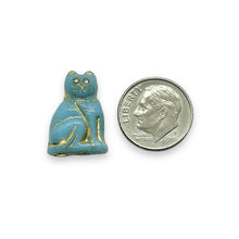 Load image into Gallery viewer, Czech glass large seated cat beads w/rhinestone eyes 4pc turquoise gold 20mm
