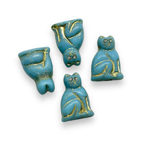 Load image into Gallery viewer, Czech glass large seated cat beads w/rhinestone eyes 4pc turquoise gold 20mm

