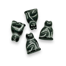 Load image into Gallery viewer, Czech glass large seated cat beads w/rhinestone eyes 4pc black silver 20mm
