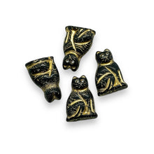 Load image into Gallery viewer, Czech glass large seated cat beads w/rhinestone eyes 4pc black gold 20mm
