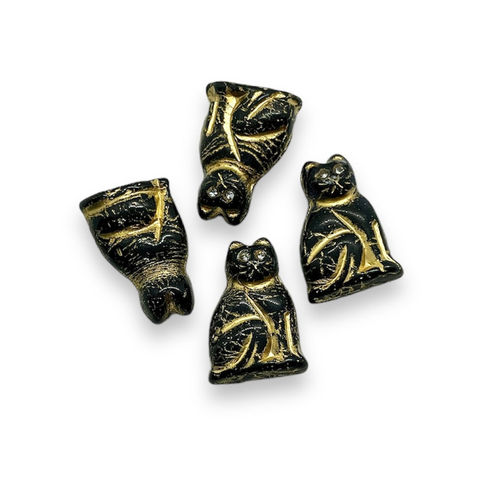 Czech glass large seated cat beads w/rhinestone eyes 4pc black gold 20mm