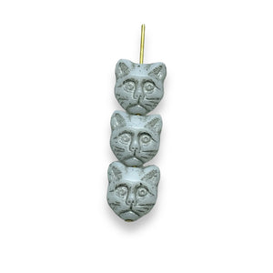 Czech glass cat face beads 10pc alabaster silver 13x11mm